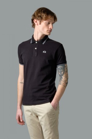 La Martina Slim-fit Stretch Piqué Muške Polo Majica Crne | XDM-7497