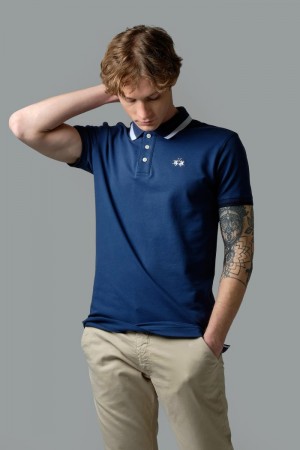 La Martina Slim-fit Stretch Piqué Muške Polo Majica Plave | UPE-0286