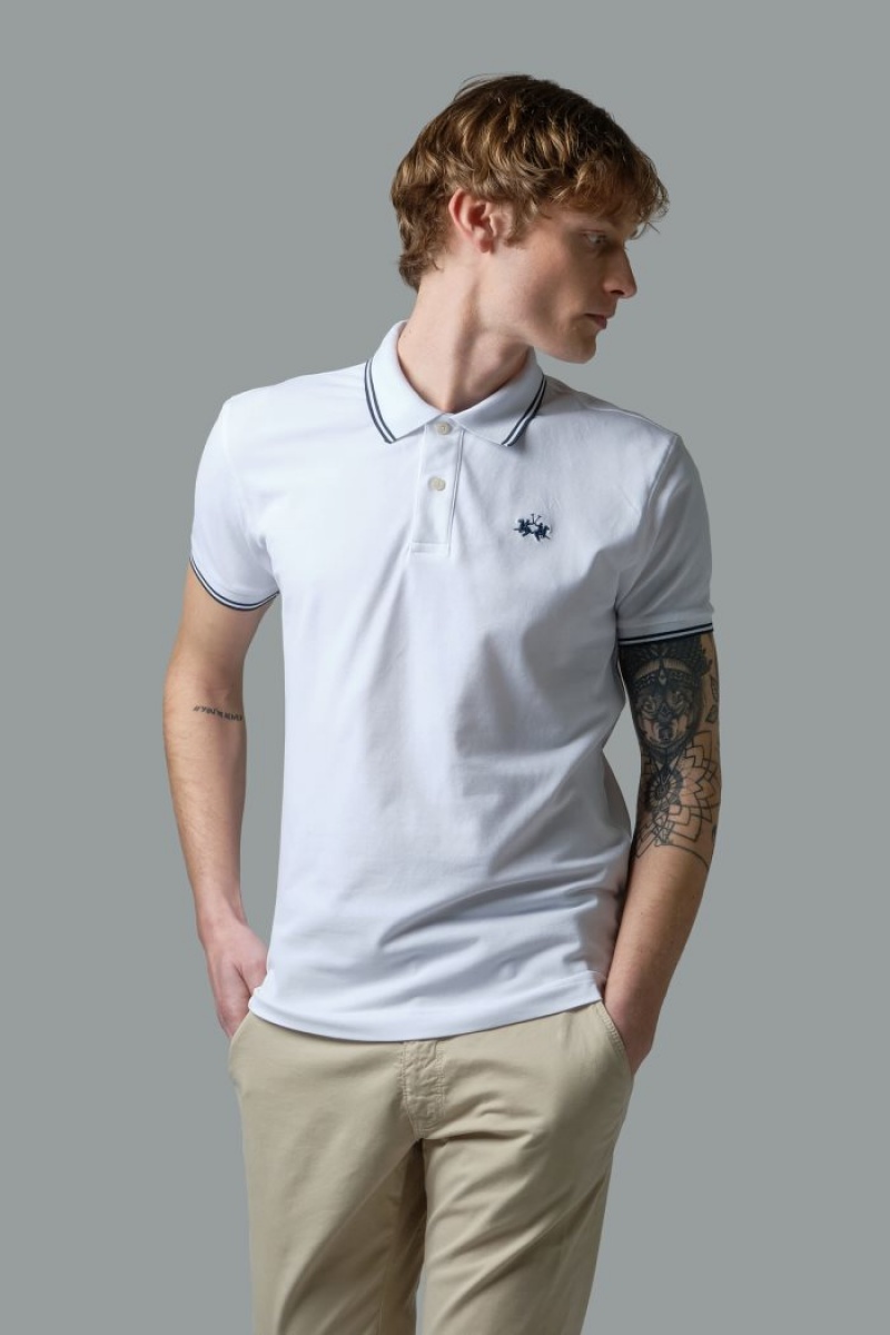 La Martina Slim-fit Stretch Piqué Muške Polo Majica Bijele | LOG-2731